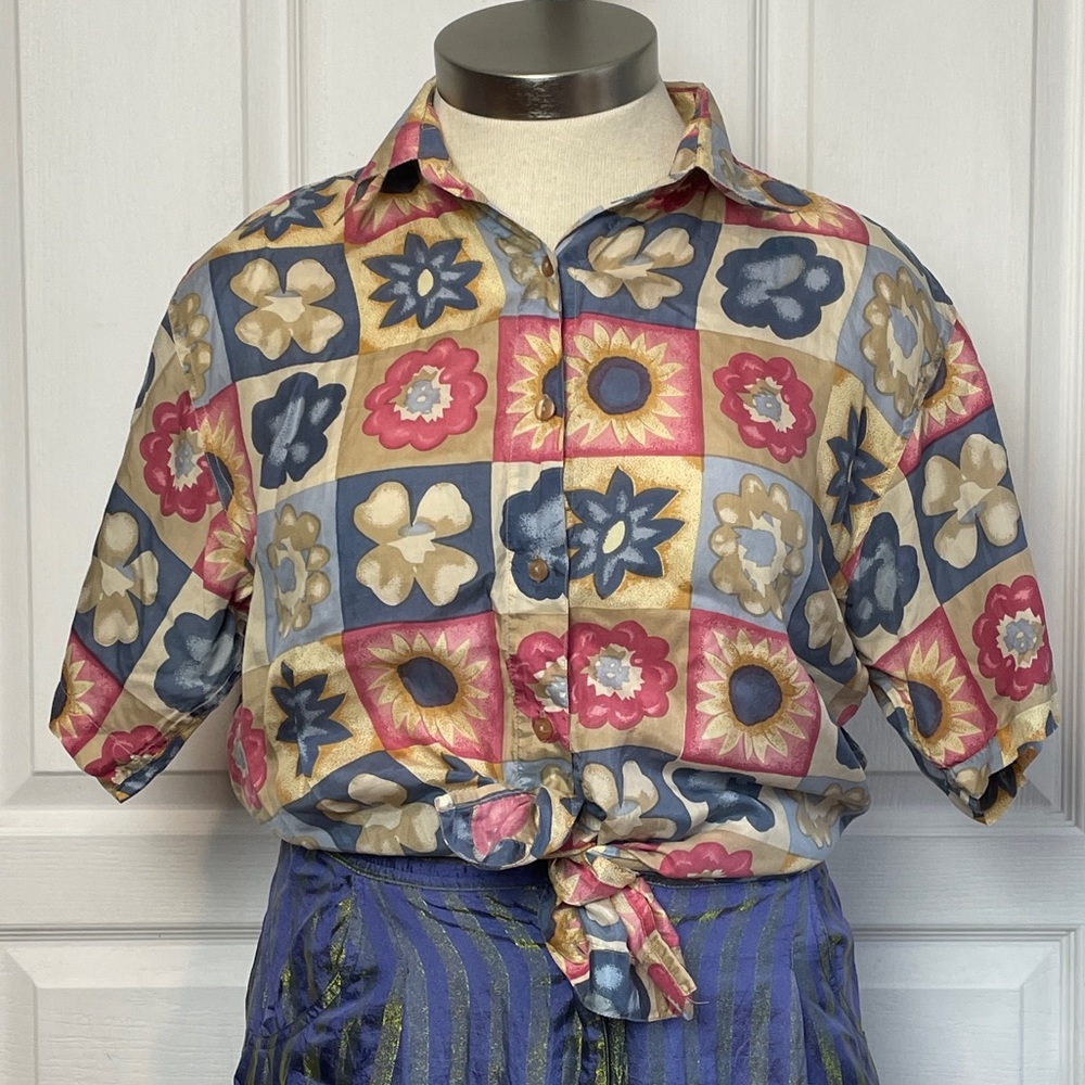 SILK Floral Shirt Button Down 90s Short Sleeve